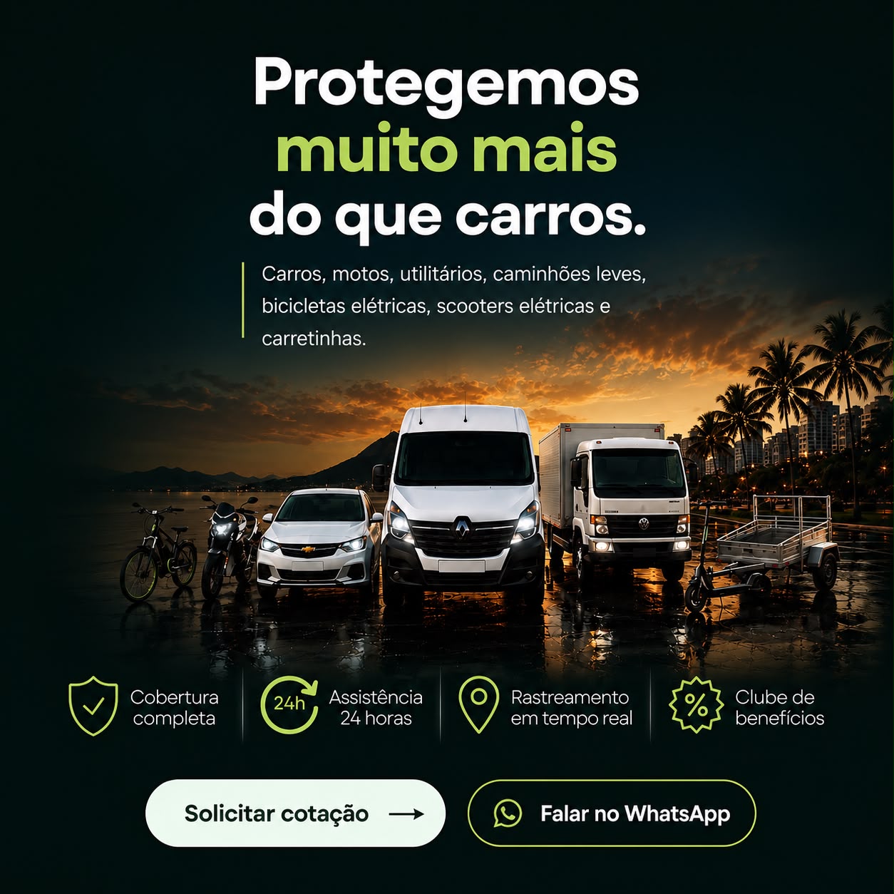 Util protege muito mais do que carros: motos, utilitários, caminhões leves, bicicletas e scooters elétricas